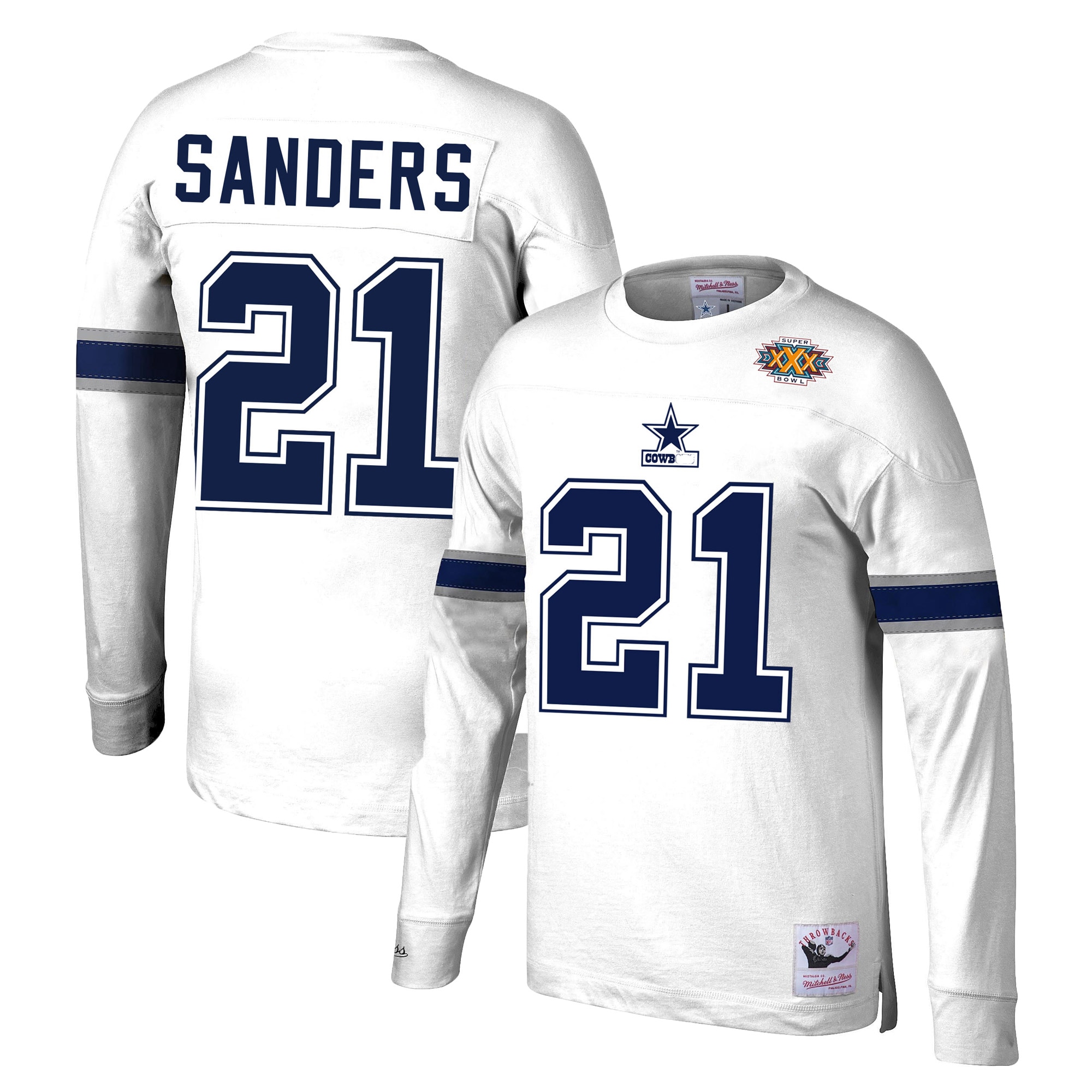 Men's Mitchell \u0026 Ness Deion Sanders White Dallas Cowboys Retired Player Name \u0026 Number Long Sleeve Top